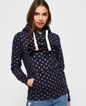 Superdry Vintage Logo Star All Over Print Női Kapucnis Pulóver Sötétkék | HQYMV5879